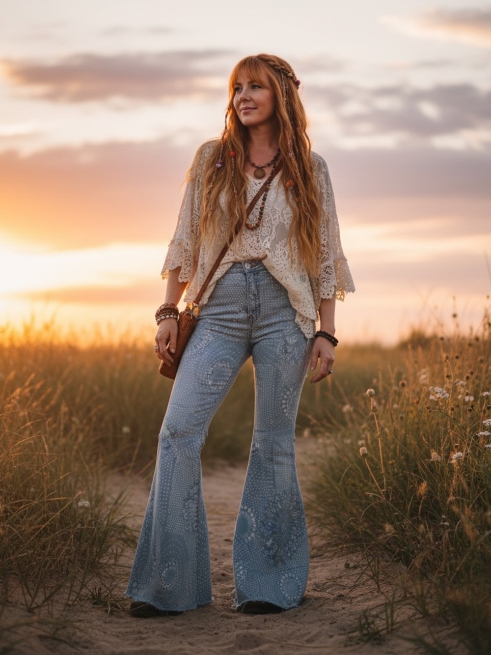 Free People Just Float on Flare Light Blue Mandala Bellbottom Jeans Size 27 Boho